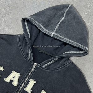 Sweat à capuche épais surdimensionné vintage brodé avec fermeture éclair, streetwear, double fermeture éclair, coton, lavage à l'acide, pour homme - Product Image 3