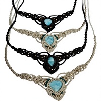 Collier en macramé en laiton vintage fait main avec pendentif en pierre naturelle turquoise, bijoux bohèmes ajustables, vente en gros