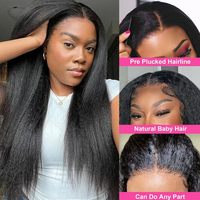 Perruque frontale transparente en dentelle, longue, Yaki Kinky Straight, en cheveux humains naturels, pour femmes noires, cheveux humains bruts