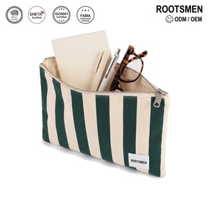 Grande pochette plate en toile de coton rayée vert forêt et écru, 32 cm, pochette de maquillage, pochette à fermeture éclair pour documents, logo personnalisé OEM - Product Image 1