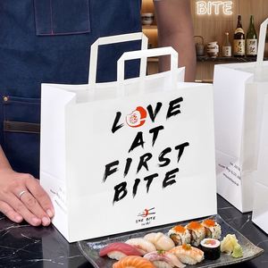 Custom Eco-Friendly Disposable Recyclable Biodegradable Kraft Paper <b>Bags</b> with Flat Handles for Sushi Takeaway - Product Image 5
