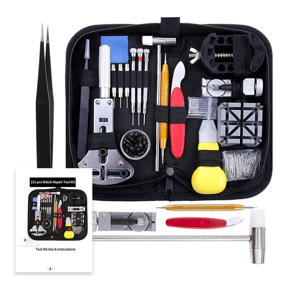Professional 151PCS Deluxe Watch Repair Tool Kit for watchmaker with PU Leather Carrying Bag and Instruction Manual