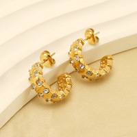 Boucles d'oreilles demi-cercle épaisses à points clairs 18 mm en acier inoxydable 304 plaqué or 18 carats sous vide, larges, texturées, bijoux dorés