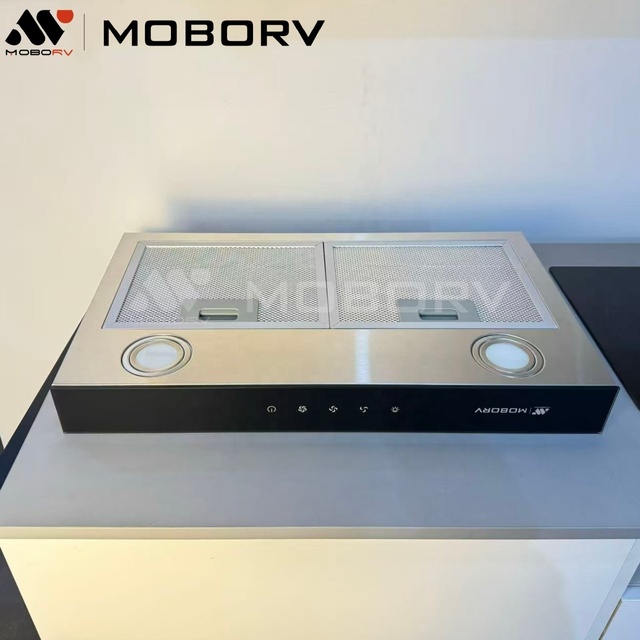 MOBORV Stainless Steel 12V Range Hood 60 CBM/H Airflow 2 LED Lights Touch Switch for RV Motorhome Marine Camper Van Conversion