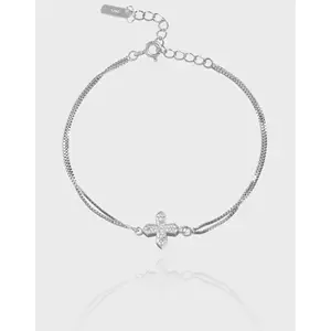 925 in argento Sterling a due strati bracciale a catena a forma di croce Design alla moda bianco ossidato zircone cubico gioielli di fascia alta all'ingrosso