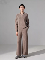 1. Ensemble Minimaliste Femme 100% Cachemire Tricoté : Haut Col Revers Col V et Pantalon Large en Maille – Tenue Décontractée 2 Pièces