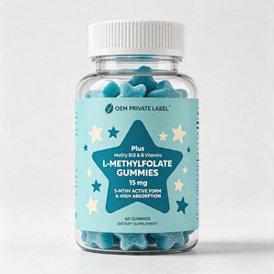 Gummies OEM 15mg L-Méthylfolate et Vitamines <span class=keywords><strong>B</strong></span> (Méthyl B12 B1/B2/B6) – Saveur fruitée, 60 unités – Favorise le gène MTHFR et la cognition - Product Image 1