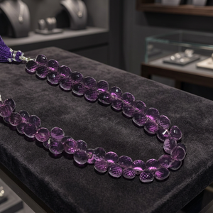 Collier de prière religieux fait main en perles ovales facettées de quartz améthyste avec pompon violet, provenant du Gujarat - Rozrincrystals.com - Product Image 2