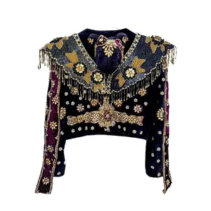 DiZNEW Blank High Quality Hoodie Wholesale Patchwork Embroidery Contrast Color Cashew Flower Cardigan Shirt Denim Jacket