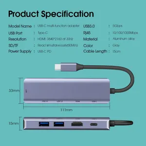 iPad Pro XPS용 HDMI 이더넷 100W PD USB 허브 3.0 분배기 유형 C 도킹 스테이션이 있는 USB C 허브 멀티포트 어댑터