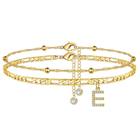 Gelang Kaki Wanita Grosir Lapis Emas 14K dari Kuningan, Set Gelang Kaki Inisial, Rantai Berlapis Manik-Manik yang Dapat Disesuaikan, Perhiasan Hadiah