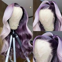 Perruque Lace Front 13x4 avec mèches violettes et rose pastel, pré-épilée, en cheveux humains vierges brésiliens, sans colle, style Body Wave
