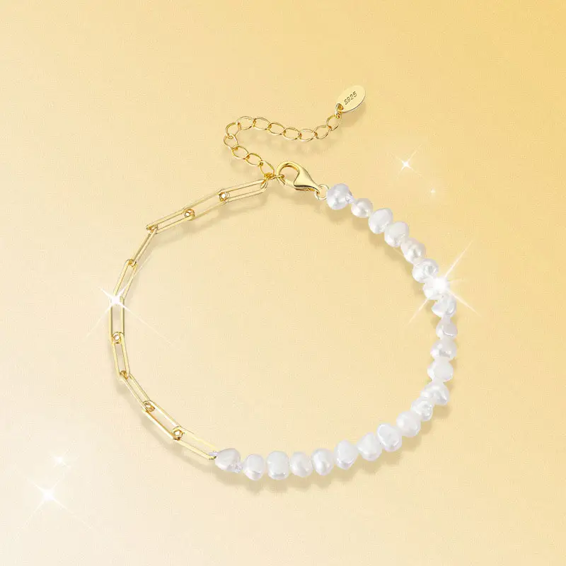 Wholesale baroque irregular freshwater pearl bracelet S925 sterling silver paper clip chain adjustable bracelet