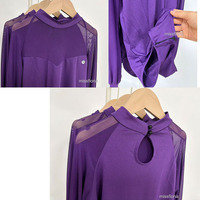 Body de Danza Latina para Mujer, Color Morado, Cuello Alto, Manga Larga de Malla, Manga Abullonada Transparente, Leotardo para Práctica de Baile de Salón