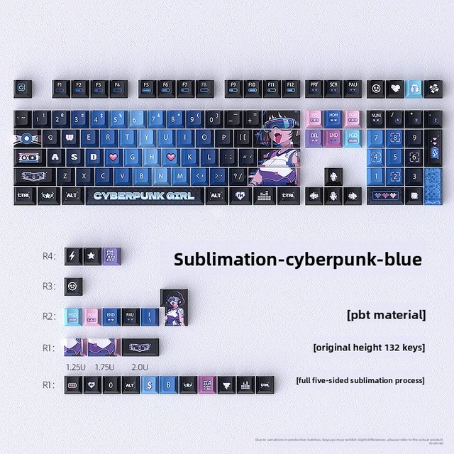 Stock Wholesale Cyberpunk Blue Keycaps Heat Sublimation Cherry Profile 132 Keys