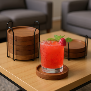 Juego de Posavasos de Madera de Acacia, 6 Piezas, Redondos, Estilo Clásico, para Mesa de Centro, Uso Promocional, Modelo D0100X3152J - Product Image 2