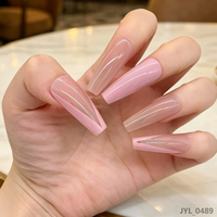 Kit de 24 faux ongles réutilisables en PMMA, finition de luxe, forme cercueil, longs, à presser, dégradé rose avec strass, pour doigts