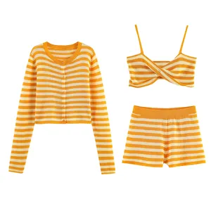 <strong>Orange</strong> Color Crew Neck Button up Striped Pattern Knitted Casual Fashion Sweater <strong>Cardigan</strong> for <strong>Women</strong> - Product Image 6