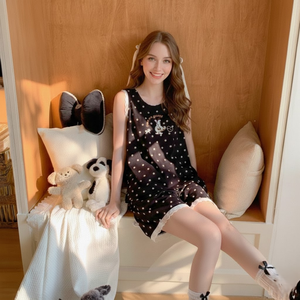 Ensemble de pyjama pour femmes en coton respirant et mélange de polyester, pyjama sans manches doux et agréable pour la peau, vêtements de nuit doux d'été avec bordure en dentelle - Product Image 1