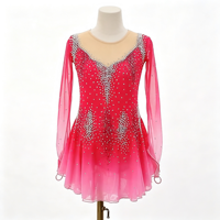 Robe de patinage et de danse rose vif dégradé, col en V, manches longues en maille, dos découpé avec strass, pour enfants et adultes, compétition et performance