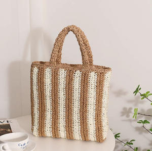 Bolso de Mujer de Paja Francesa con Rayas Verticales a la Moda, Nuevo, con Doble Cierre de Cremallera, Color en Contraste, Tejido, Listo para la Playa - Product Image 6