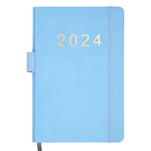 Sewing Binding Easy to Flip Complete Custom Navy Blue Leather 2024 Weekly Planner Page A Day Diary