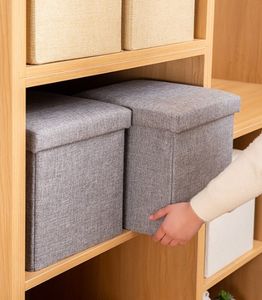 Banco Otomano Plegable de Lino de 15x15x15 Pulgadas, Estilo Japonés Moderno, Banco de Almacenamiento para Dormitorio, Reposapiés de Tela - Product Image 1