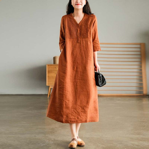 Abiti Estivi da Donna Casual Novità 2025 Stile Vintage Scollo a V Tinta Unita Larghi in Lino Mezza Manica Lunghi - Product Image 1