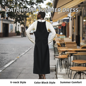 ZATRHMBM Vestido Midi de Mujer con Cuello en V, Cintura Imperio, Bloques de Color, Transpirable, con Hombreras y Empalmes, Colección Primavera/Verano 2026 Novedad - Product Image 2