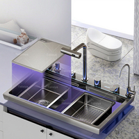 Évier de cuisine carré multifonctionnel en acier inoxydable à trois trous, fait à la main, avec robinet intelligent à fente unique et poreux