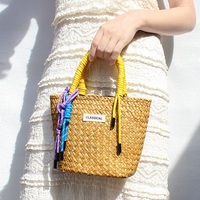 Sac à main en paille tissée sangles de main en nylon sac de panier de légumes coloré corde décorative sac de plage artisanal