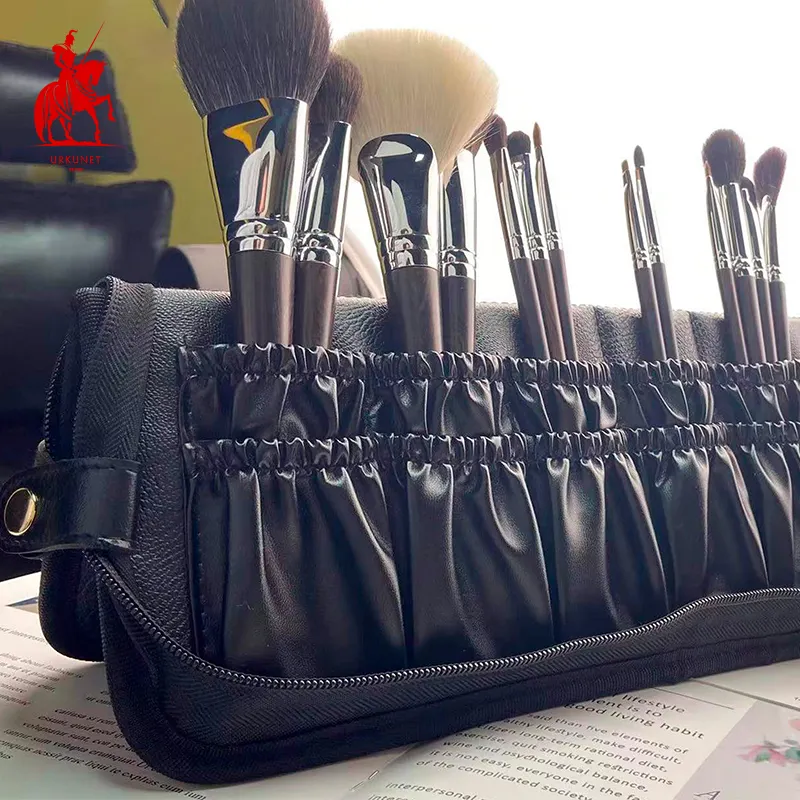 Hitam PU Kulit Dapat Dilipat Makeup Sikat Set Tas Penyimpanan Organizer Tas Kemasan Kosmetik