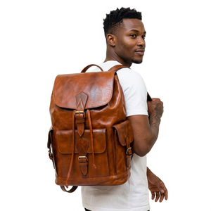Sac à dos antivol en cuir marocain fait main, tanné végétal, pleine fleur, couleur cognac, 3 poches, pour voyage, avec bandoulière arquée - Product Image 4