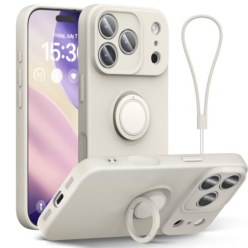 Liquid Silicone Cover for iPhone 17 Pro Max Case With Wrist Strap 16 Pro 15 14 13 12 Pro Max Shockproof Ring Stand Phone Cover