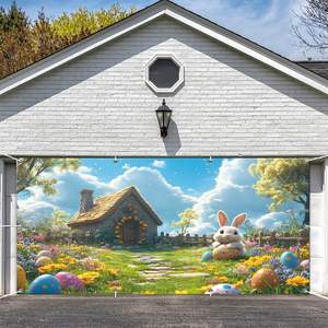 Funda para puerta de garaje de Pascua, pancarta para puerta de garaje de Pascua, decoraciones de puerta de garaje para exteriores con conejitos y <span class=keywords><strong>huevos</strong></span> de primavera, fondo de conejo y flores - Product Image 2