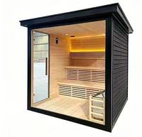 Sauna extérieur moderne en forme de cube pour 4 personnes, cabine de sauna rectangulaire en bois massif avec mur en verre panoramique pour spa de jardin