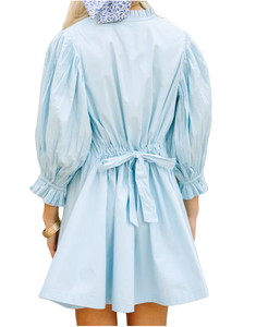 2024 <span class=keywords><strong>vestiti</strong></span> di moda di nuovo arrivo in cotone <span class=keywords><strong>blu</strong></span> Casual a maniche lunghe a sbuffo in vita a pieghe abito al ginocchio per la vocazione alla spiaggia - Product Image 6