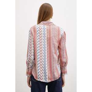 Camisa de Botones con Estampado Étnico para Mujer, Popelina Roja, Informal, para Uso Diario - Product Image 4