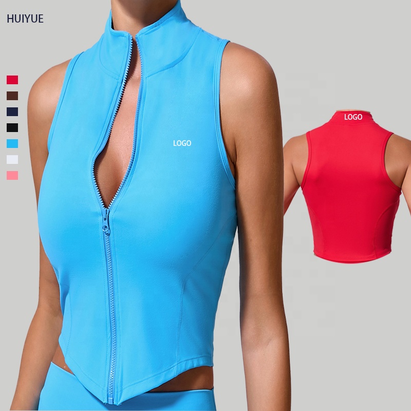Women's Gym Yoga Running Training Sleeveless Stand Collar Zip-up Tank Top Fashion Spandex Four-Way Stretch Quick Dry Color