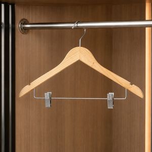 Cintres de luxe en bois massif, direct usine, avec barre métallique pour pantalons et pinces réglables, en gros - Product Image 1