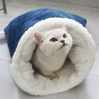 Sac de couchage pour chat d'hiver, nid pour animaux de compagnie, tapis d'intérieur, chaud, semi-fermé, en peluche douce, sac pour chaton, chiot, lit chaud pour chat, grotte