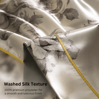Parure de lit 4 pièces en fibre de polyester 100 % lavée effet soie, motif floral papillon, avec bordure large contrastante, housse de couette et draps en satin romantique