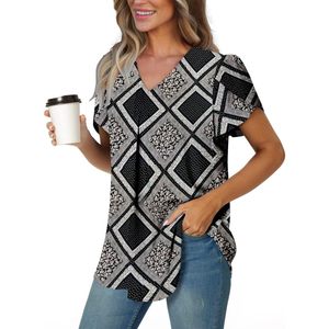 FOXA Women's V Neck Cap Sleeve Blouse Printed Chiffon <b>Top</b> Everyday Wear Breathable Lightweight Tunic Shirt - Product Image 2