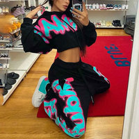 Setelan olahraga berat katun cetak Graffiti kustom 2 buah French Terry cat tangan Pullover Crop Hoodie dan Set Jogger wanita