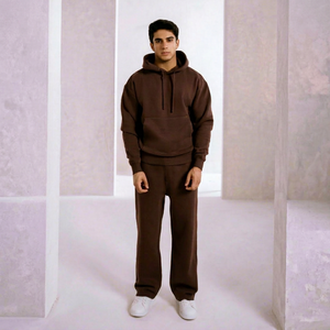 Ensemble de survêtement unisexe marron à capuche imprimé 100 % coton couleur unie décontracté coupe régulière longueur intégrale pour l'hiver streetwear - Product Image 1
