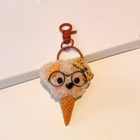 En gros, Porte-clés et breloque de sac en peluche ours mignon et moelleux, style Kawaii, avec lunettes et nœud décoratif, en forme de mini cornet de glace ou de gaufre