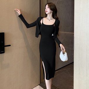 Women Two Piece Set Knitted Bodycon Dress With Long Sleeve Cardigan Solid Color Breathable Slit Design - Product Image 3
