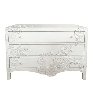 Cómoda de 3 cajones estilo francés con relieve floral, color blanco leche, hecha a mano, ecológica (Mueble de almacenamiento moderno de madera maciza estilo palacio retro para sala de estar) - Product Image 1