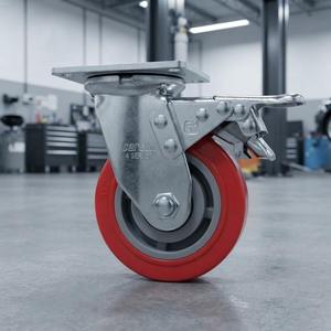 5Inch 125mm Steel Red Polyurethane <b>Wheels</b> Swivel Heavy Duty Caster <b>Wheels</b> Total Lock Brake Galvanized <b>Trolley</b> Castors - Product Image 3
