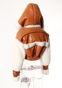 Giacca da donna di moda invernale con colori a contrasto felpa con cappuccio giacca di lana giacca di pelle di pelliccia da motociclista - Product Image 5